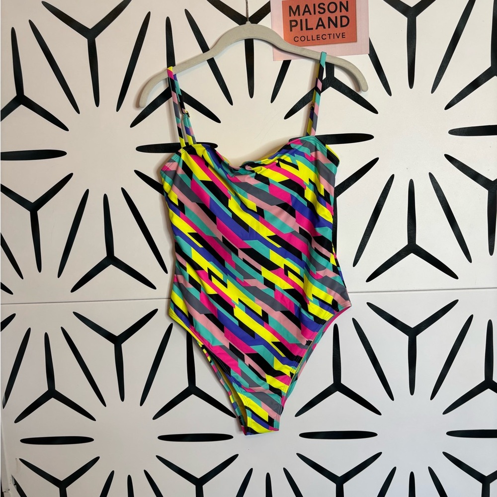 NWT RELLECIGA Bandeau One-Piece Swimsuit Neon Stripes Size L - Picture 2 of 12